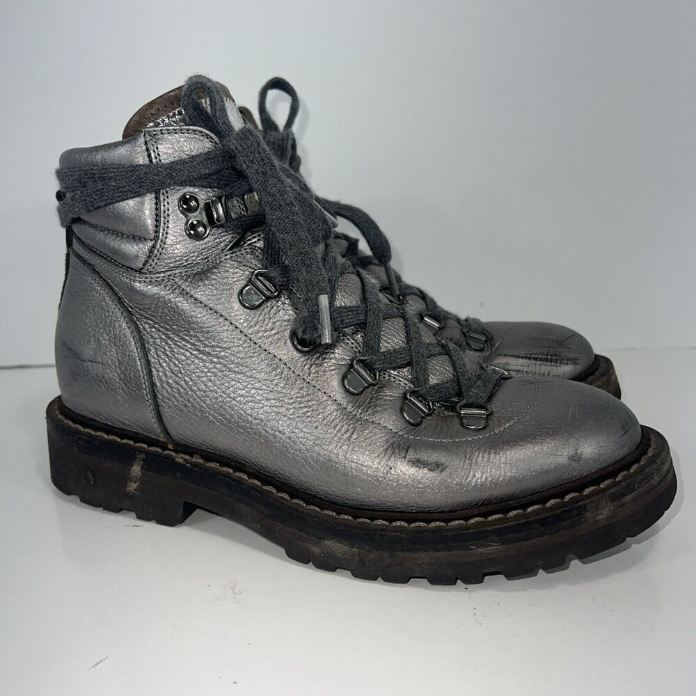 Brunello Cucinelli Silver Combat Lace Up Boots 37.5 US Size 7.5